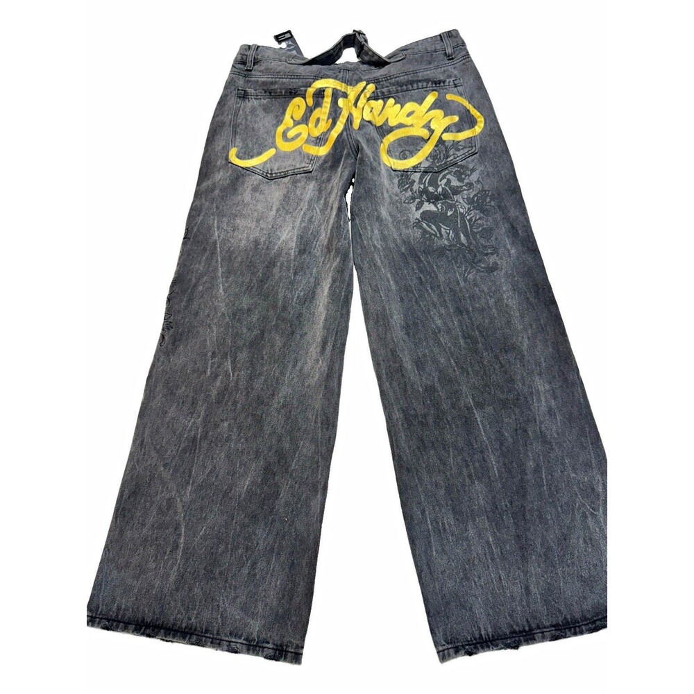 Ed Hardy Womens Size 32 Gray Wide-Leg Denim Jeans Acid Wash Tattoo Logo Pockets